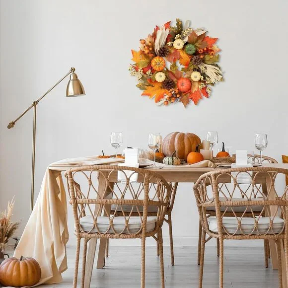 Fall Wreaths for Front Door, 20inchs Autumn Wreath with Hangers Pumpkin Maple Au - Picture 6 of 7